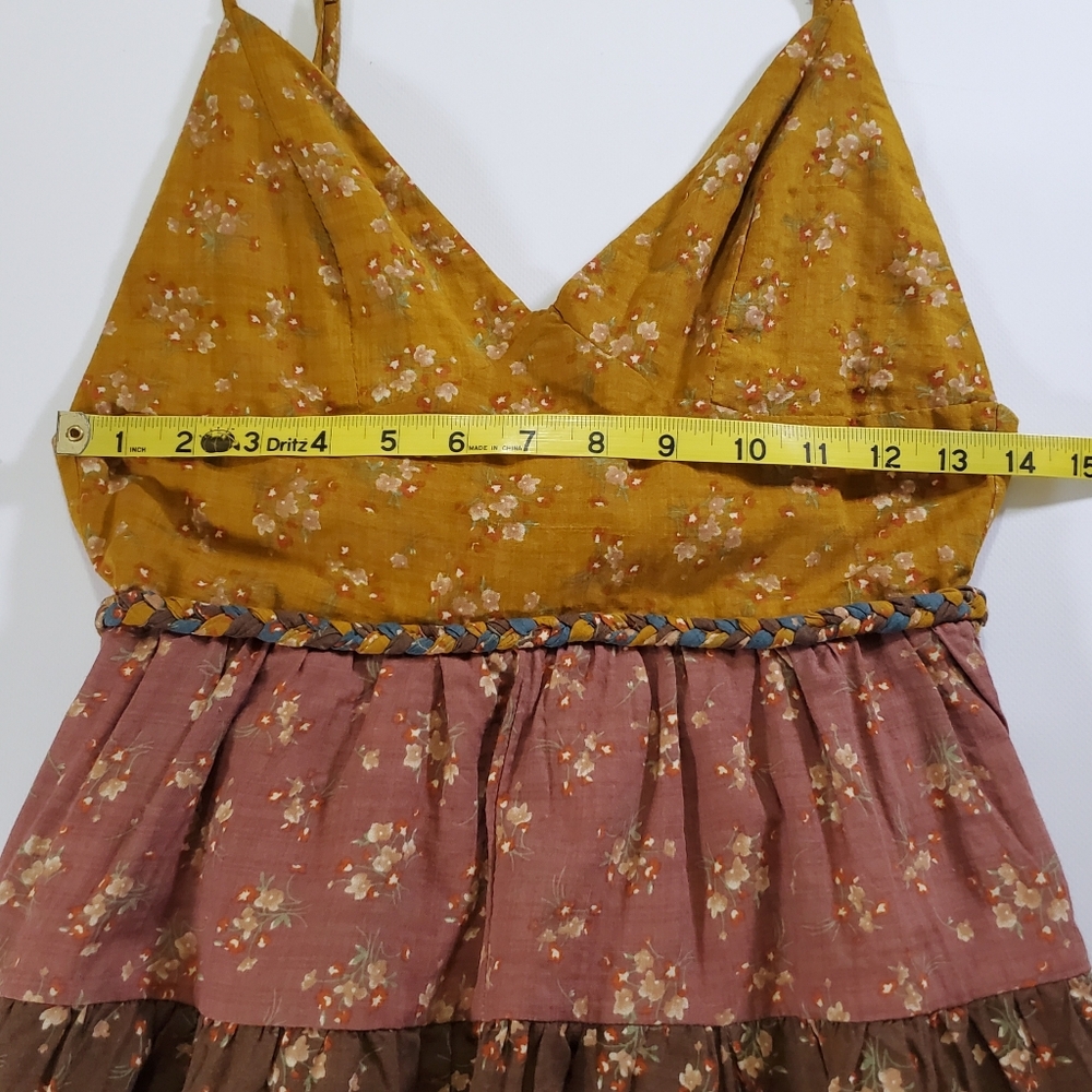 7633 * Storia Patchwork Floral Ruffle Mini Romper Mustard Brown Blue Size S - Picture 8 of 10